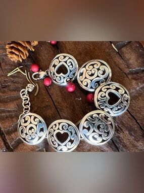 Brighton Bracelet Fine Silver Plated  999 Large Heart Discs Filigree Scrollwork